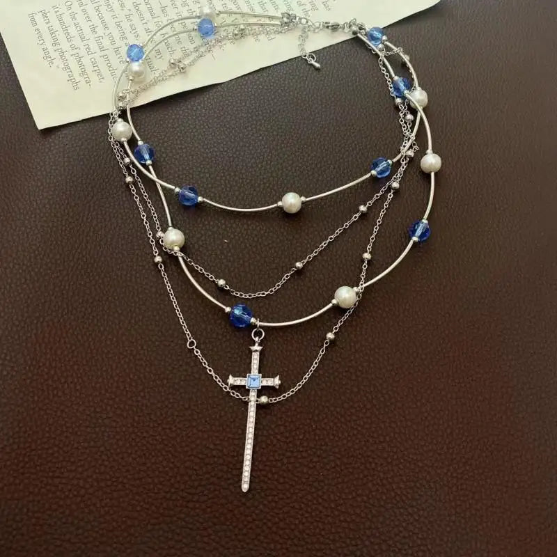 Blue Crystal Cross Necklace