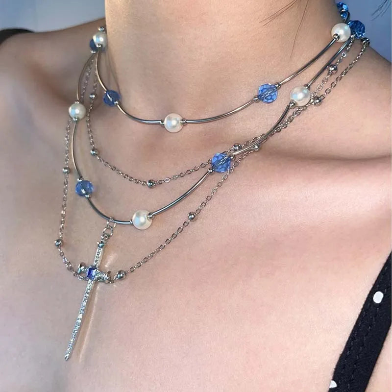 Blue Crystal Cross Necklace