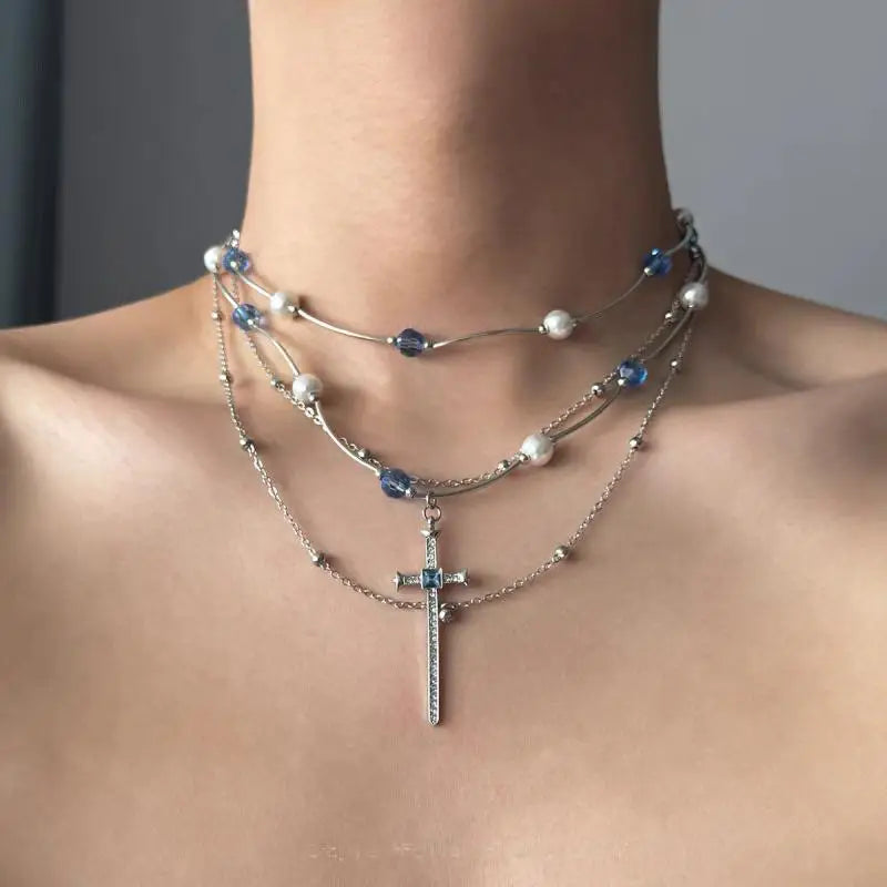 Blue Crystal Cross Necklace